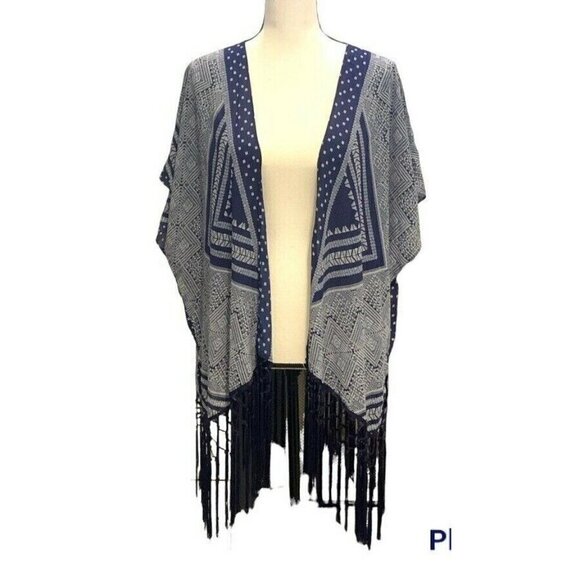 Maurices Womens Open Front Fringe Bottom Cardigan Size S/M Sleeve Blue White - Picture 2 of 12